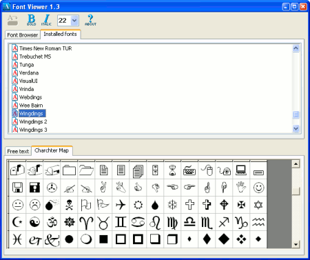 FontViewer screenshot - Displaying installed fonts